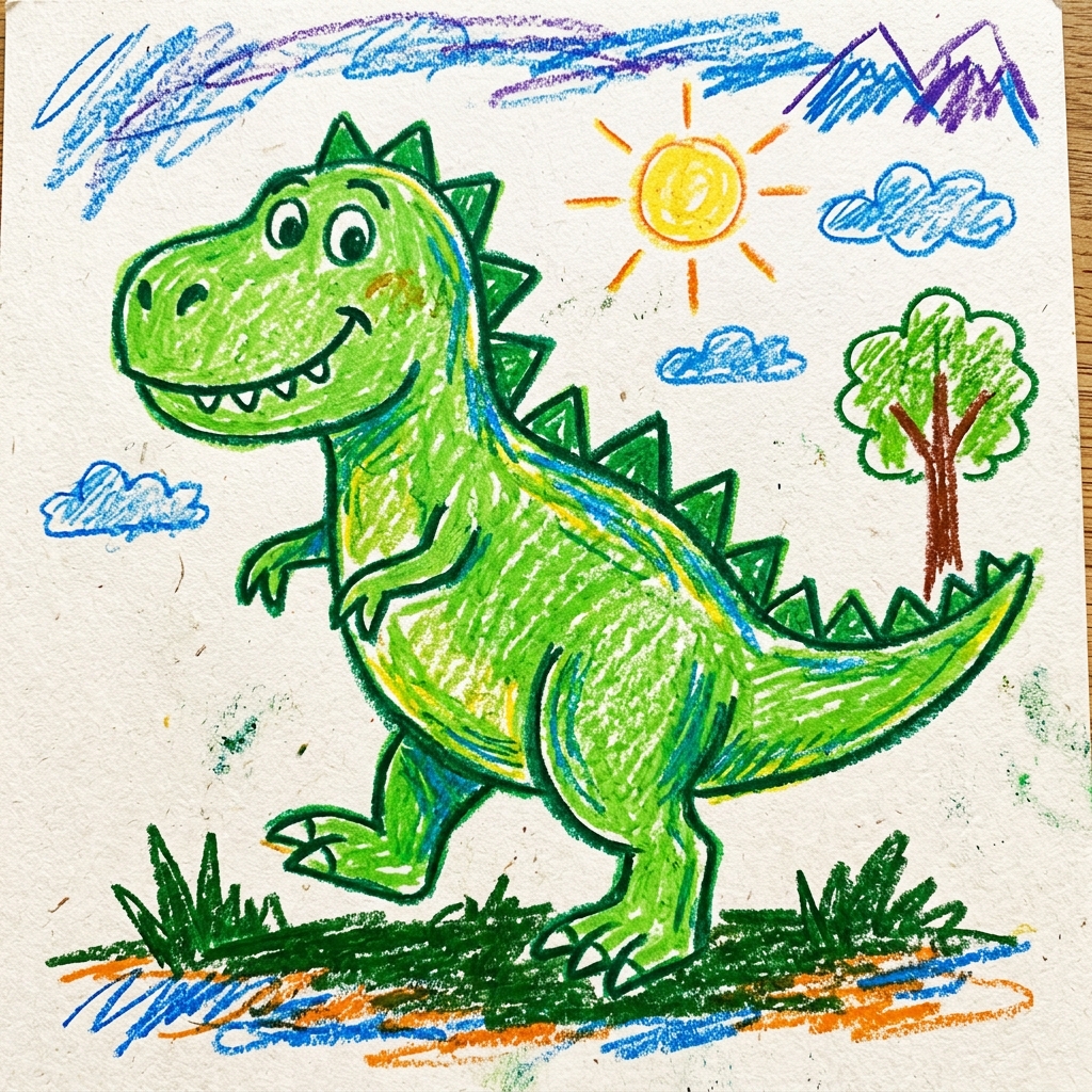 A green T-Rex cartoon drawing with a smiling sun