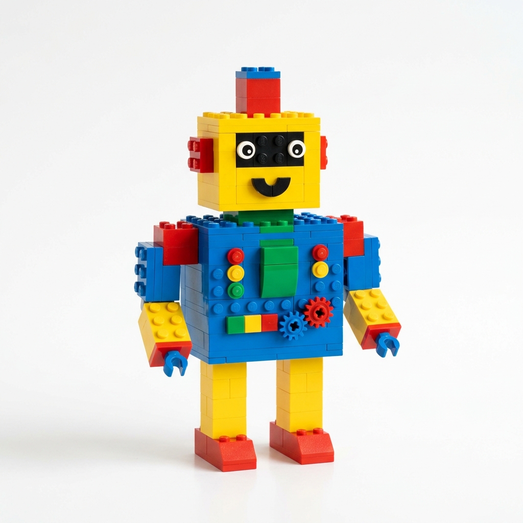 A toy robot built out of primary-colored LEGO blocks