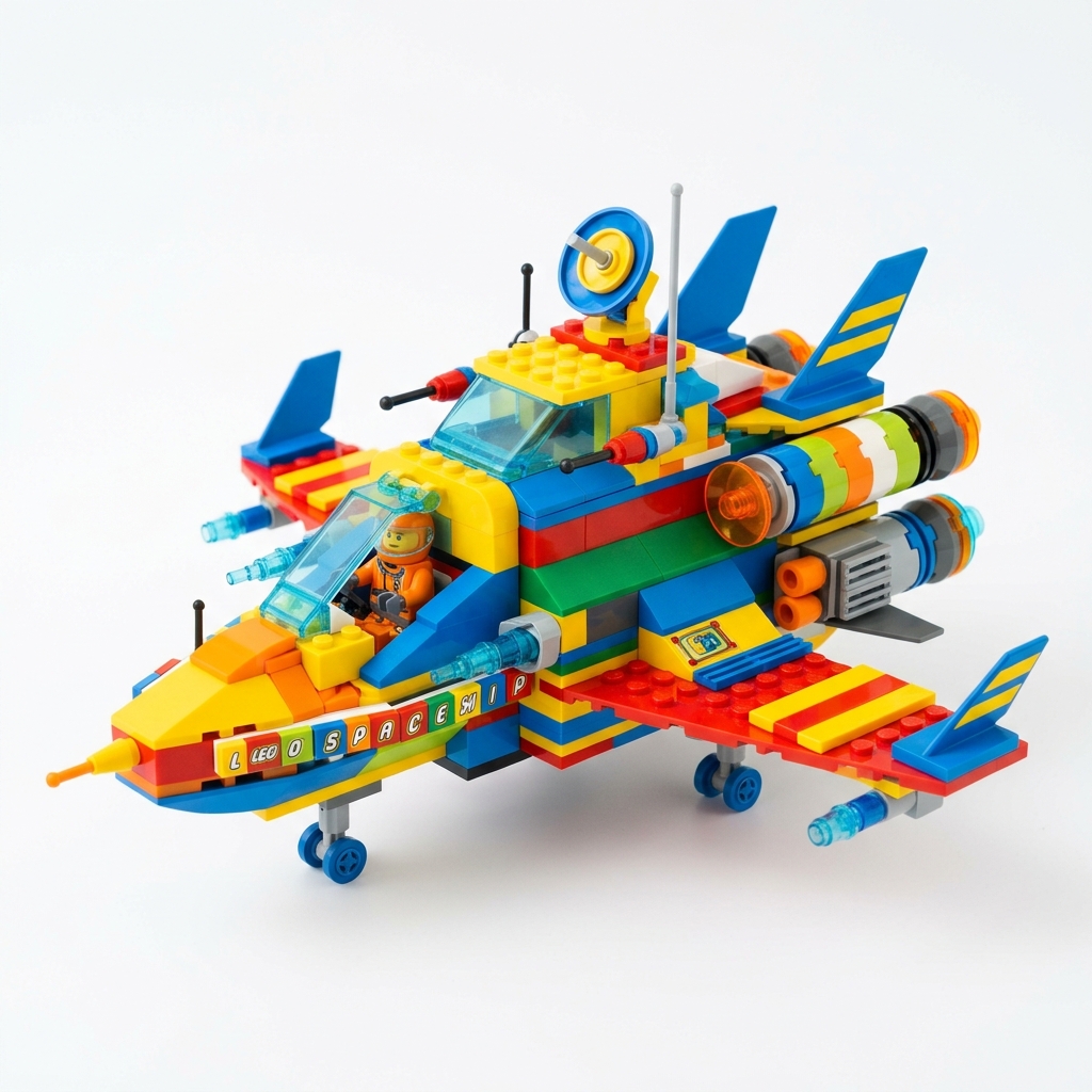 A toy spaceship made of red, yellow, and blue LEGO blocks