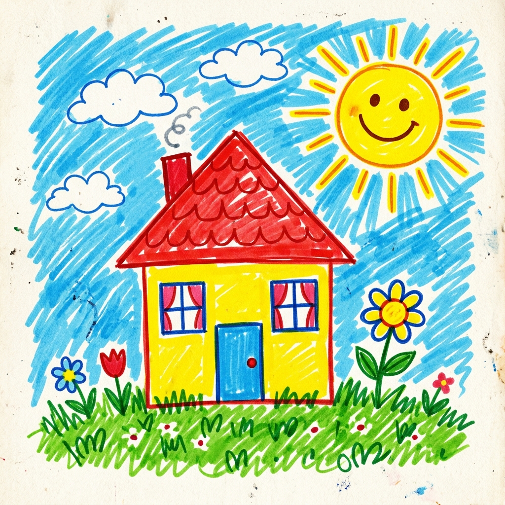 A child drawing of a yellow house with a red roof and flower